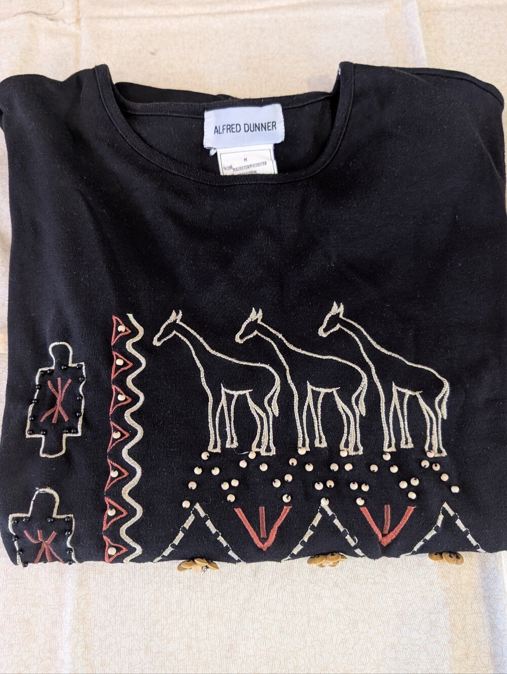 Vintage Alfred Dunner Black Short-Sleeve Tee with Embroidered Safari Motifs